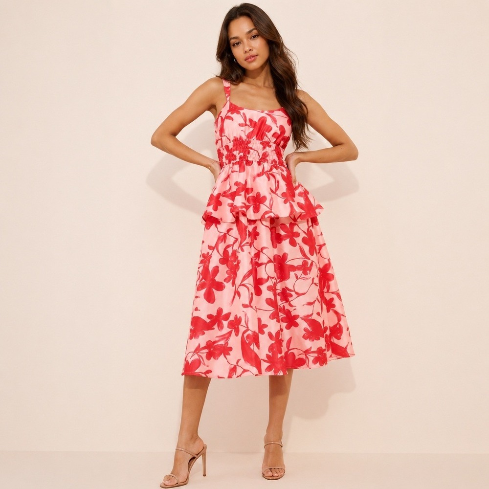Hutch Anthropologie Floral Midi Dress M Pink Red Fit Flare Tiered Wedding Guest